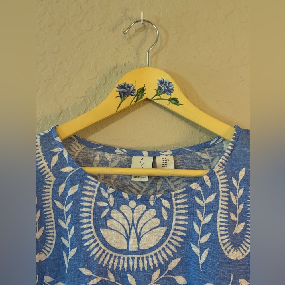 Blue and White 100% Linen TShirt with Floral Pattern Lightweight Breathable